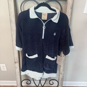 Massive Luxury Chenille Navy and Light‎ Blue Half-Zip Pullover Polo Size Large